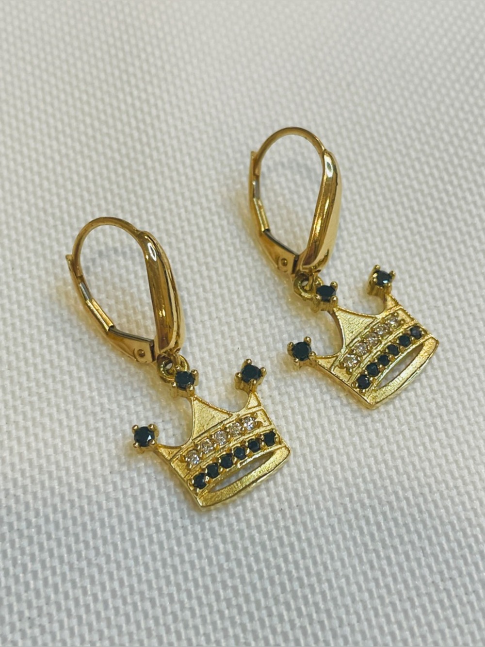 14K Yellow Gold Diamond And Black Diamond Crown Earrings